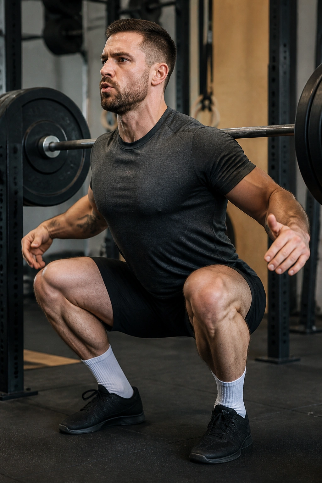 Torso braced during squat showing a tight abdomen and upright spine.