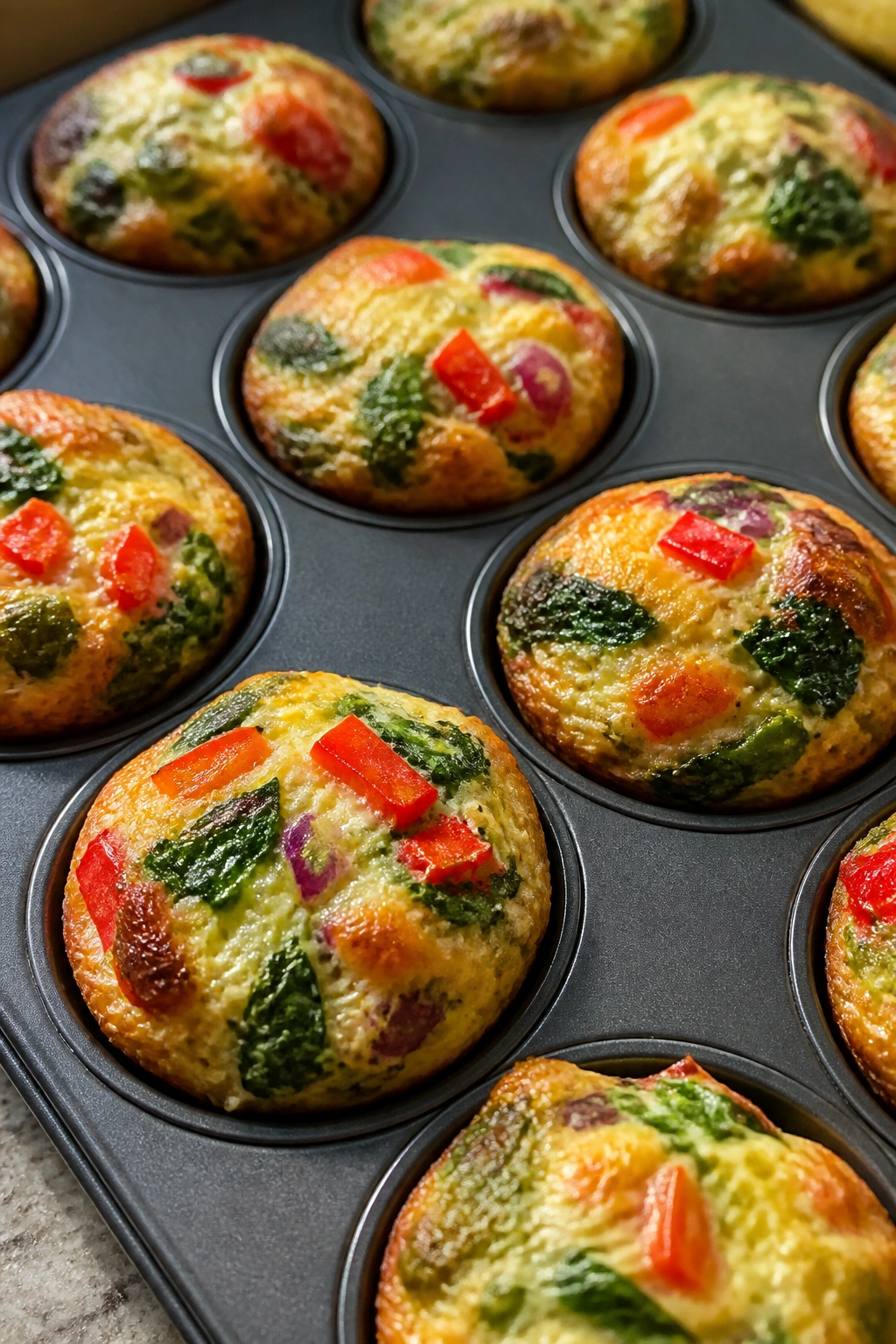 Close-up of vegetable frittata muffins in a muffin tin.