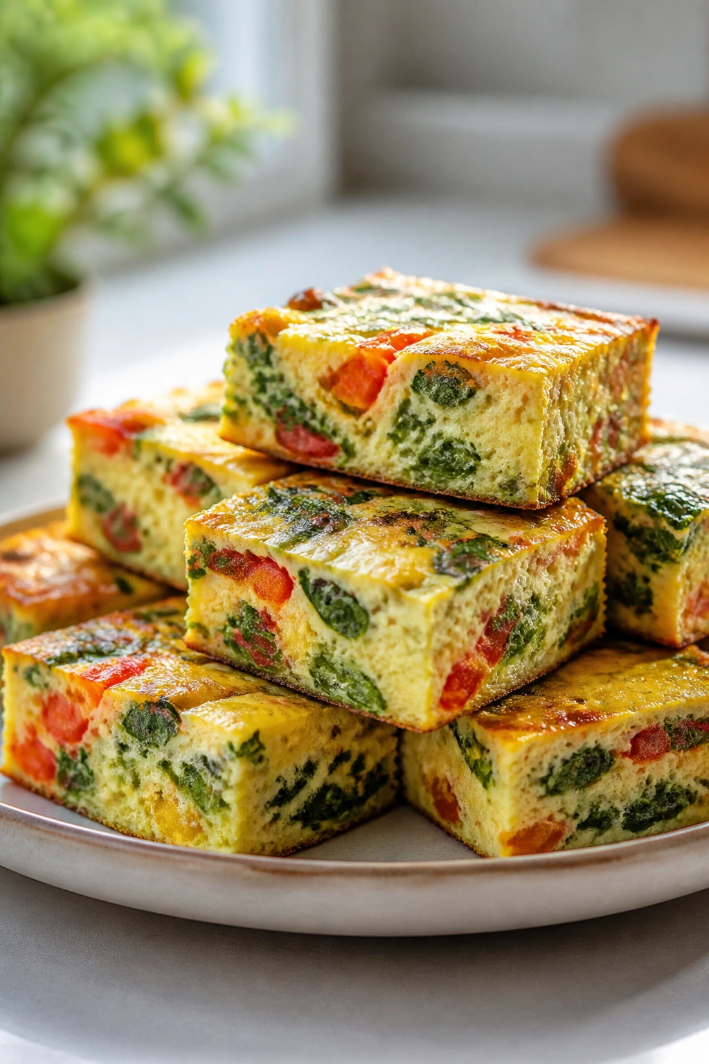 Colorful vegetable frittata squares on a plate in a bright kitchen