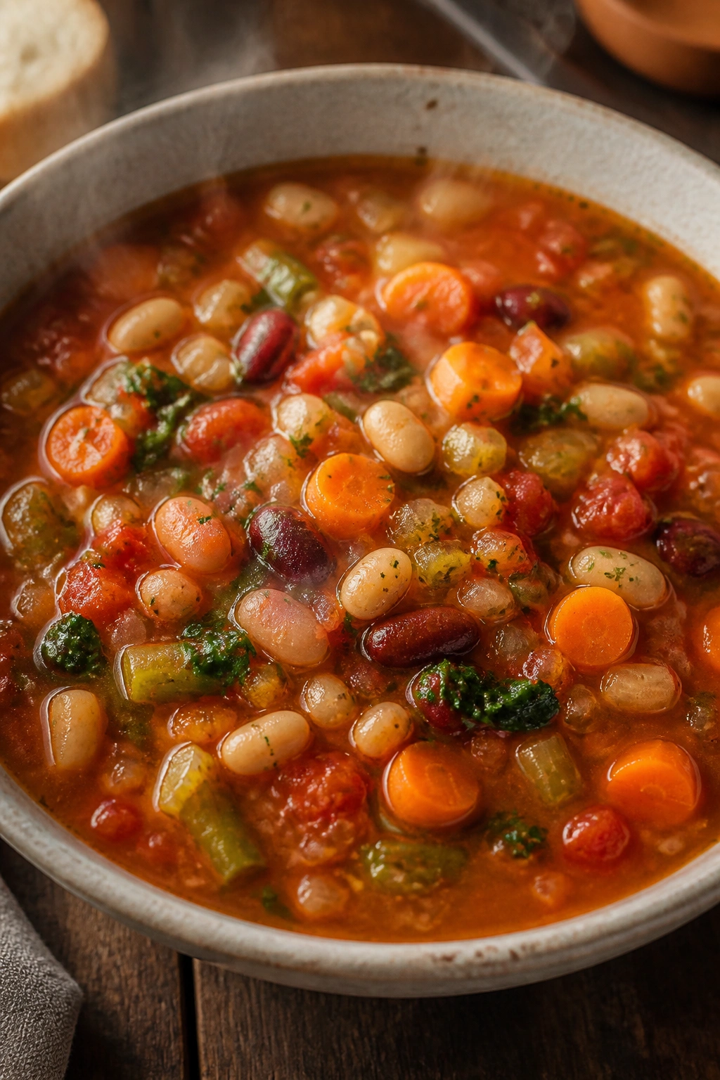 Close-up of a steaming bowl of chunky vegetable soup
