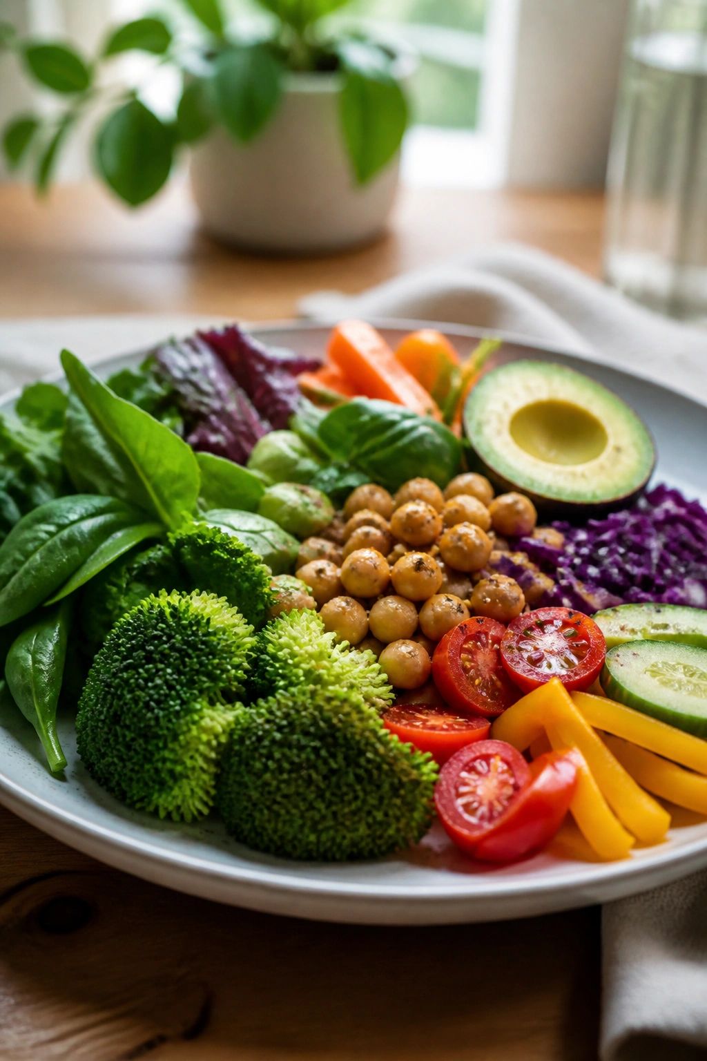 Colorful plate with vegetables dominating the frame