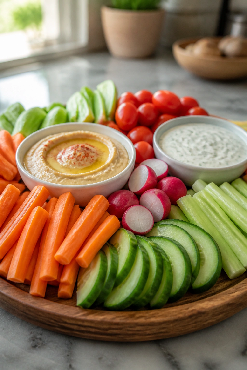 Colorful veggie platter with hummus and ranch dips on a wooden board