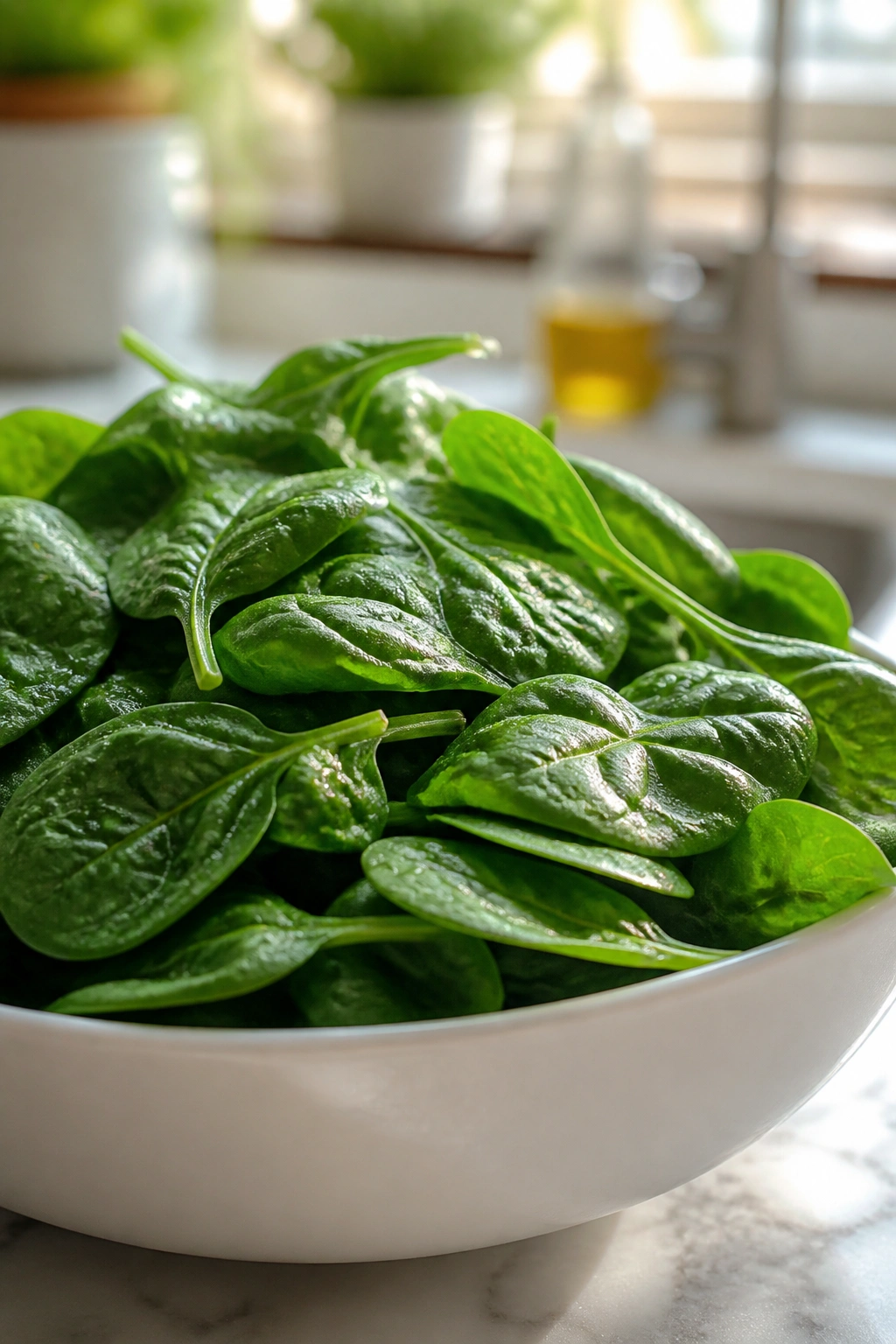 Fresh spinach leaves in a bowl on a kitchen counter