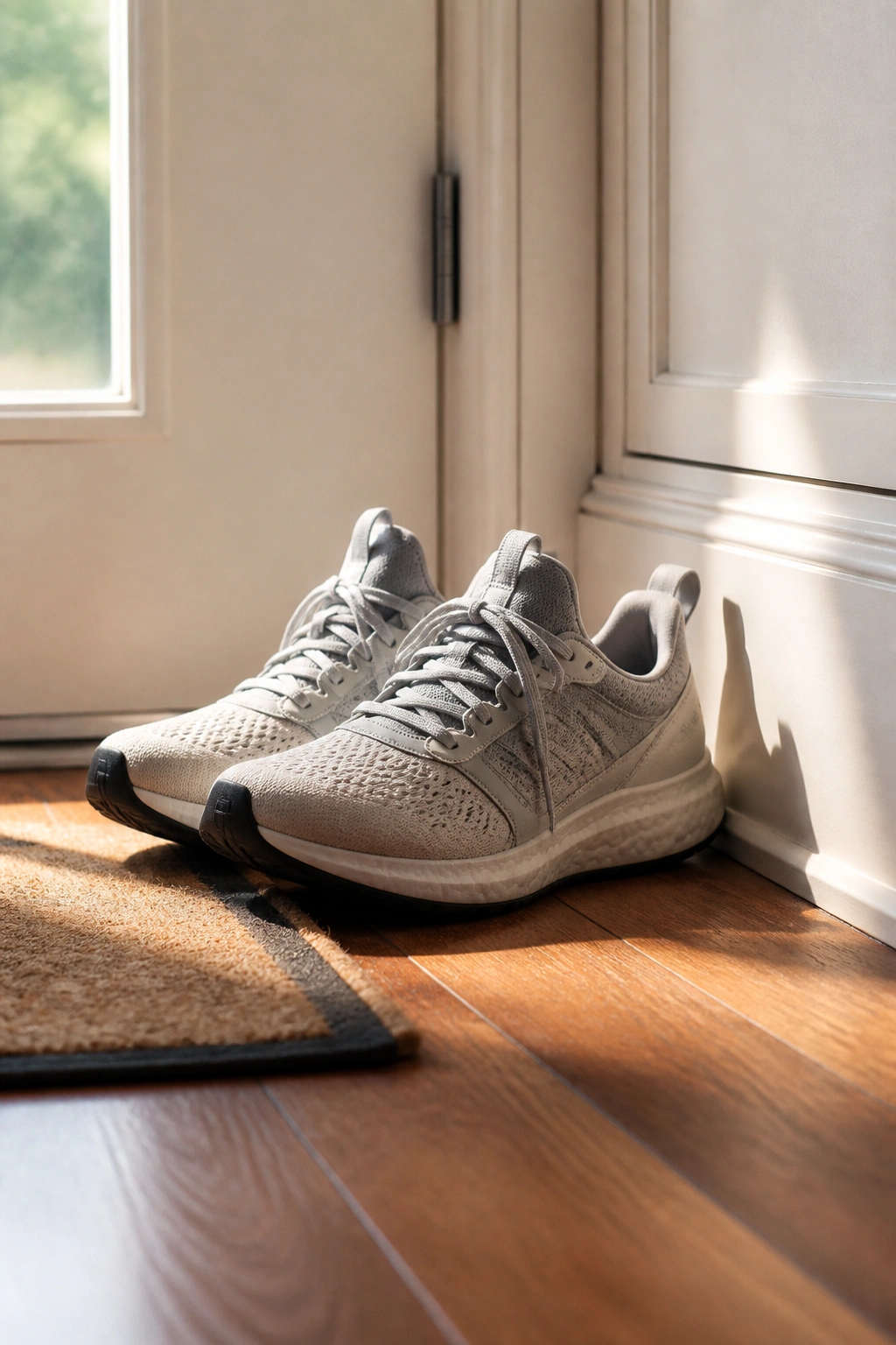 Sneakers by the door in an entryway, neatly placed