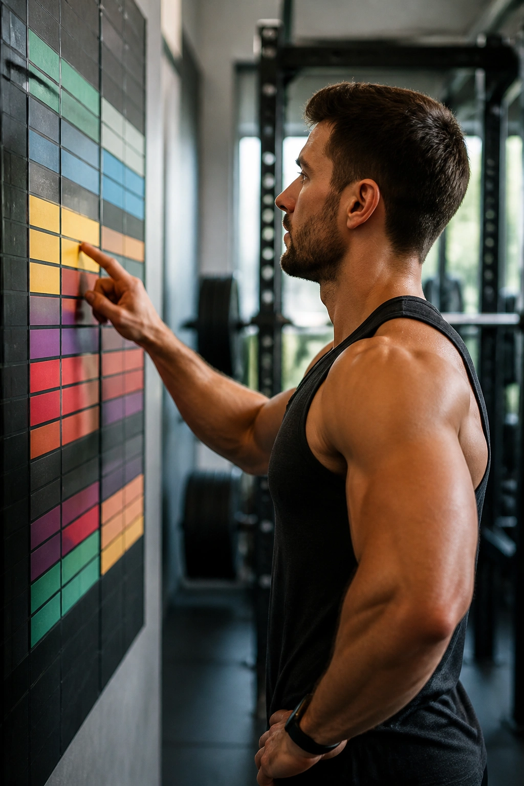 Lifter beside a color-coded chart tracking training volume