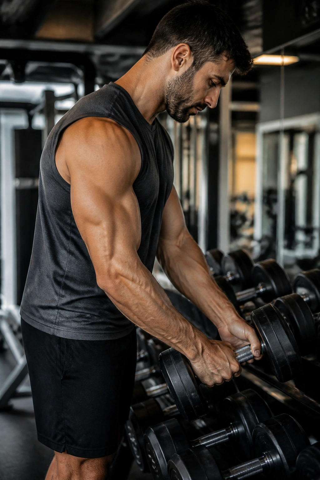 Lifter adjusting weights in a gym, illustrating training volume management.
