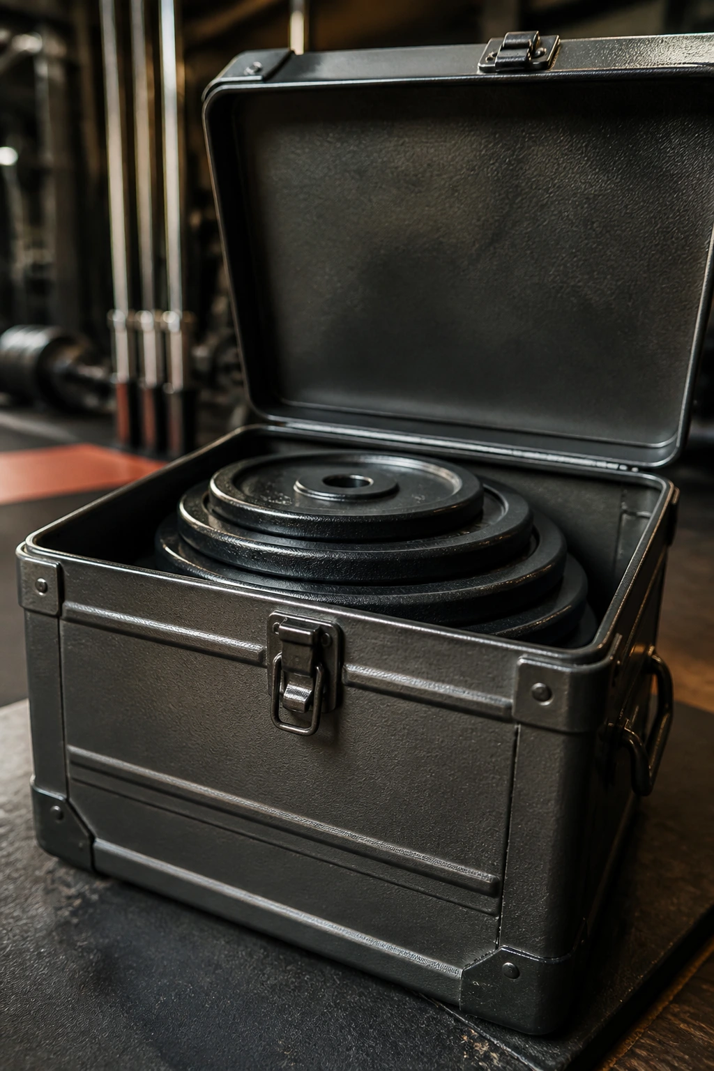 Close-up of a vault-style storage with blank weight plates in gym setting