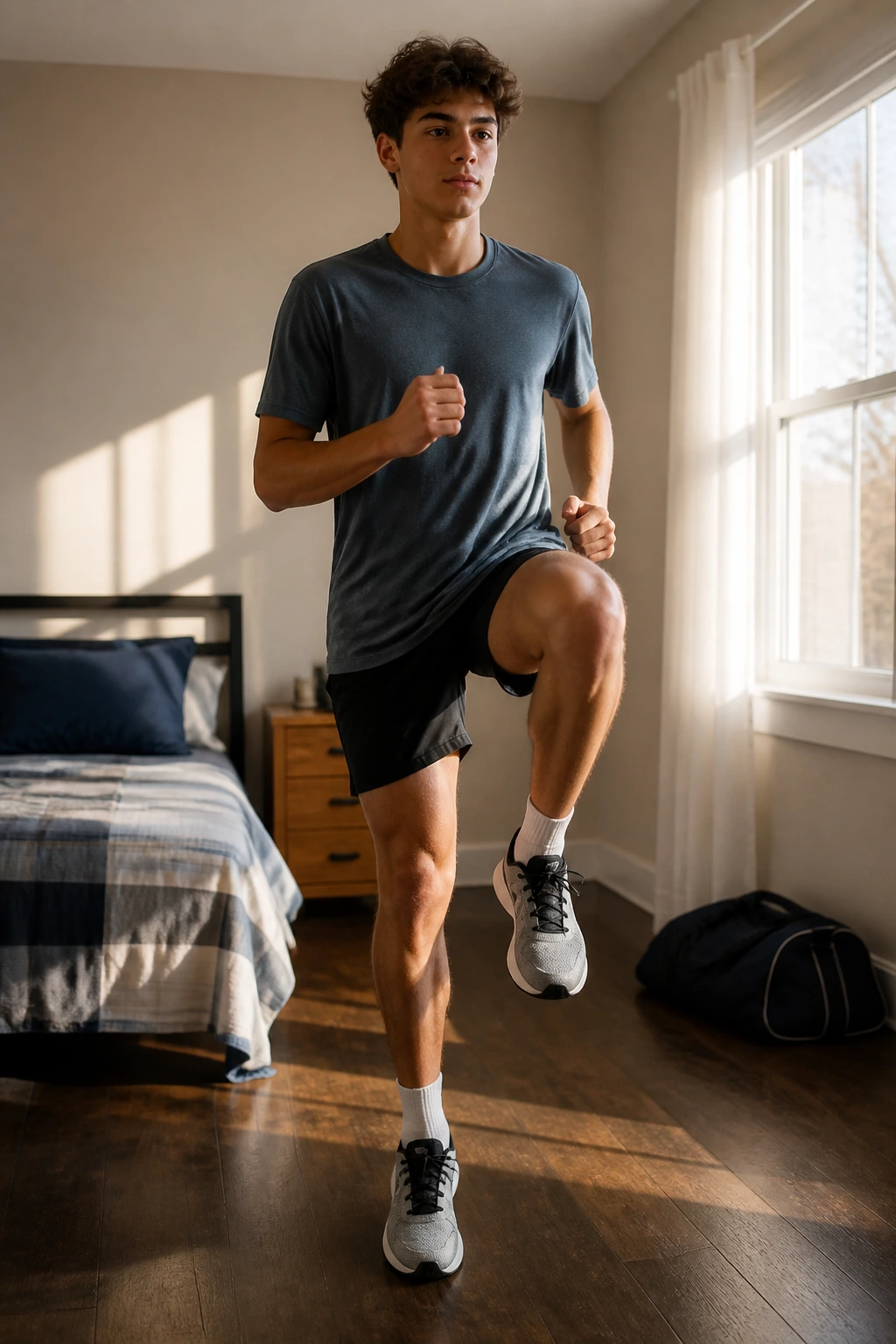 Teen marching in place in a small bedroom during morning light