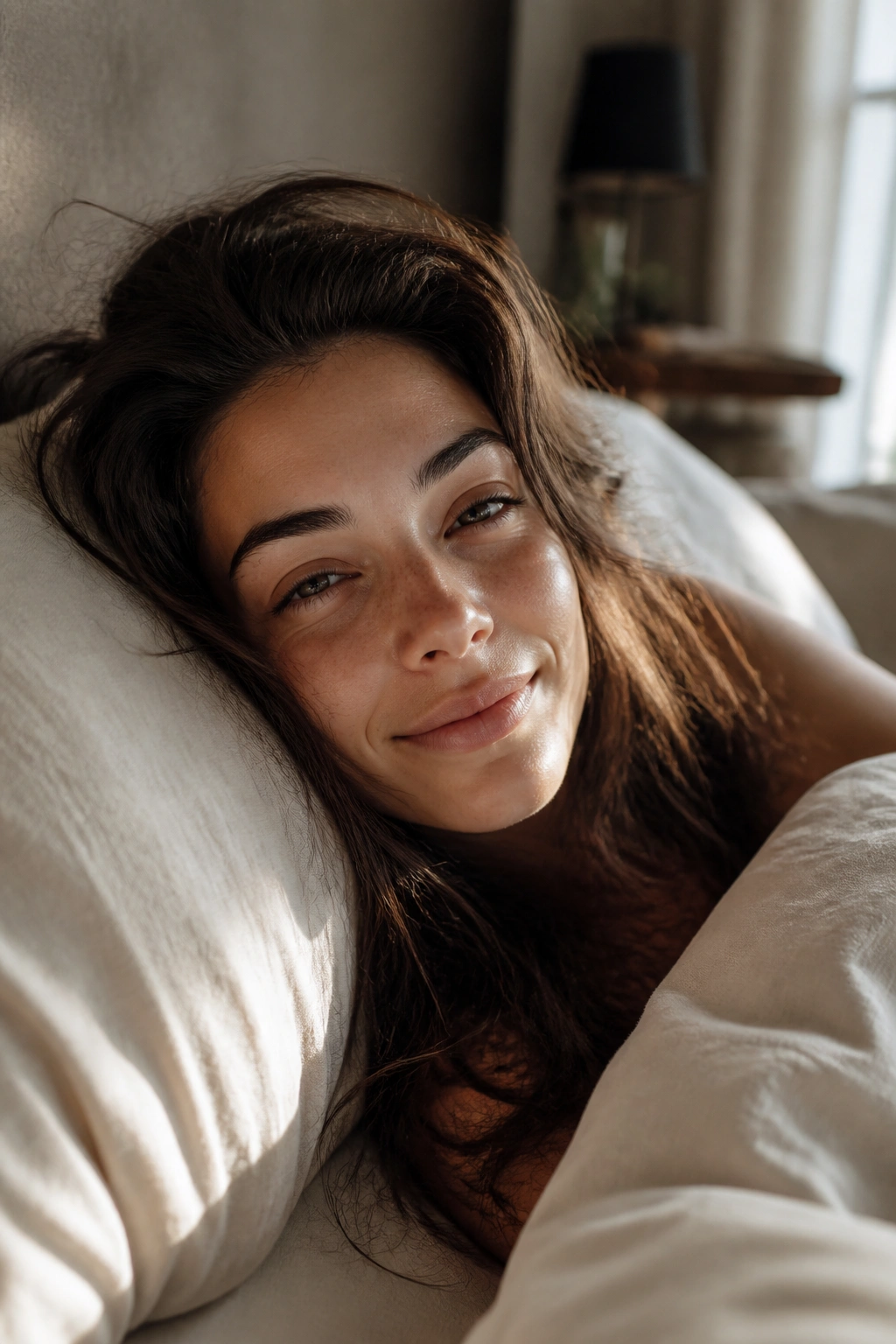 Close-up of a real person waking up in bed with morning light