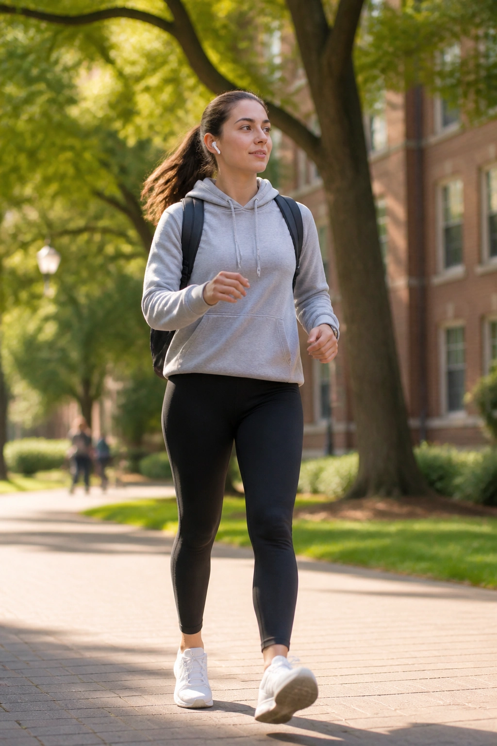 Student walking briskly on campus path for brain fog days.