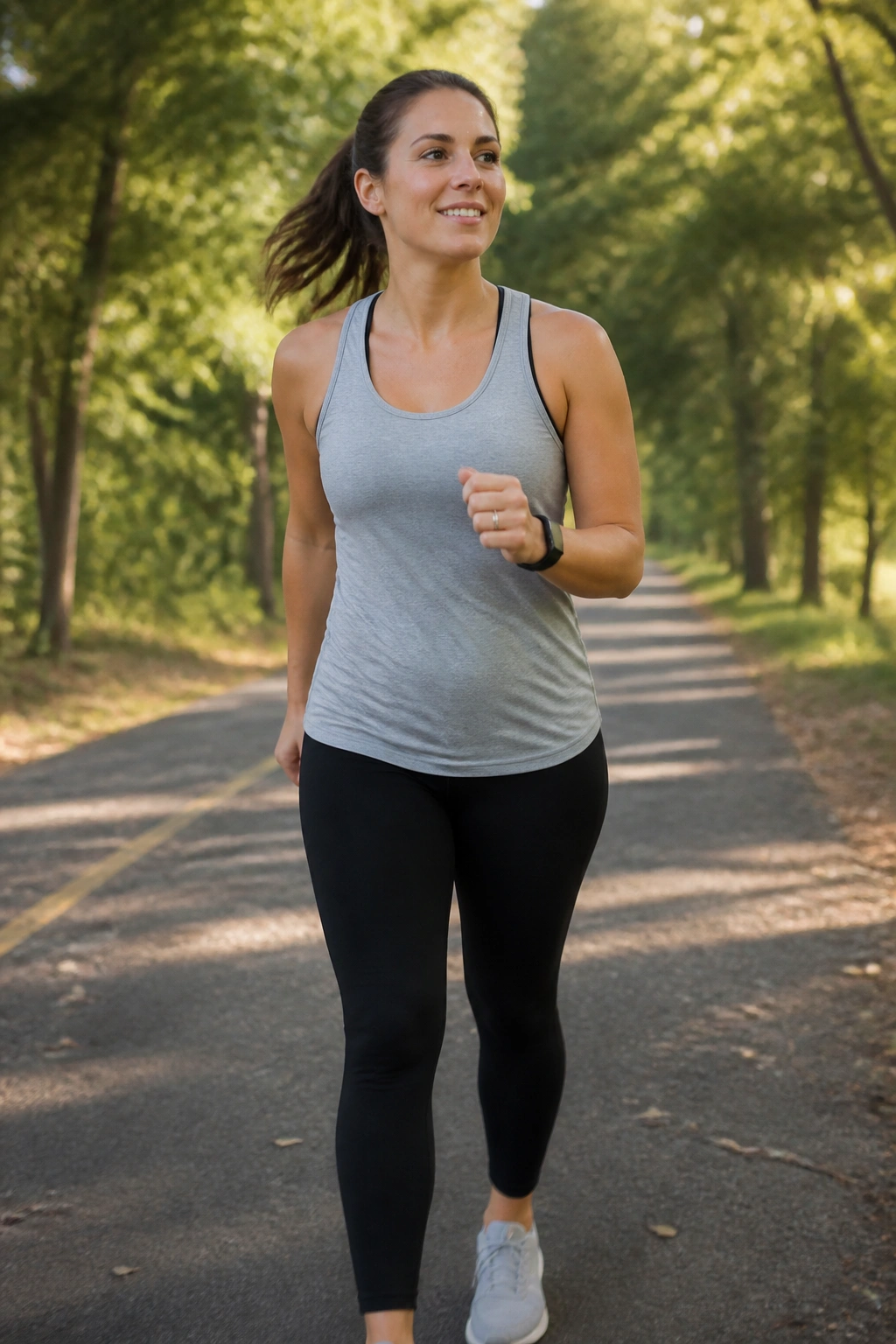 Person walking and jogging intervals on a park path during cardio circuit.