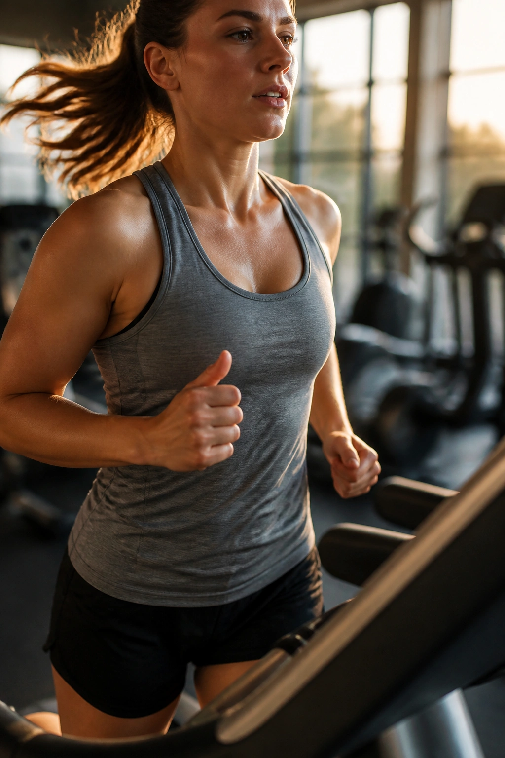 Close-up of person on a treadmill performing walk-to-jog intervals in a gym