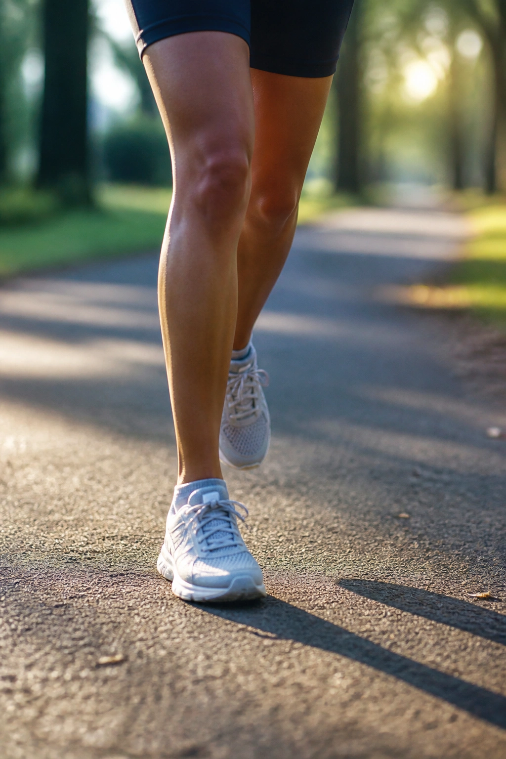 Close-up of a runner's legs in a walk-run loop on a park path with morning light