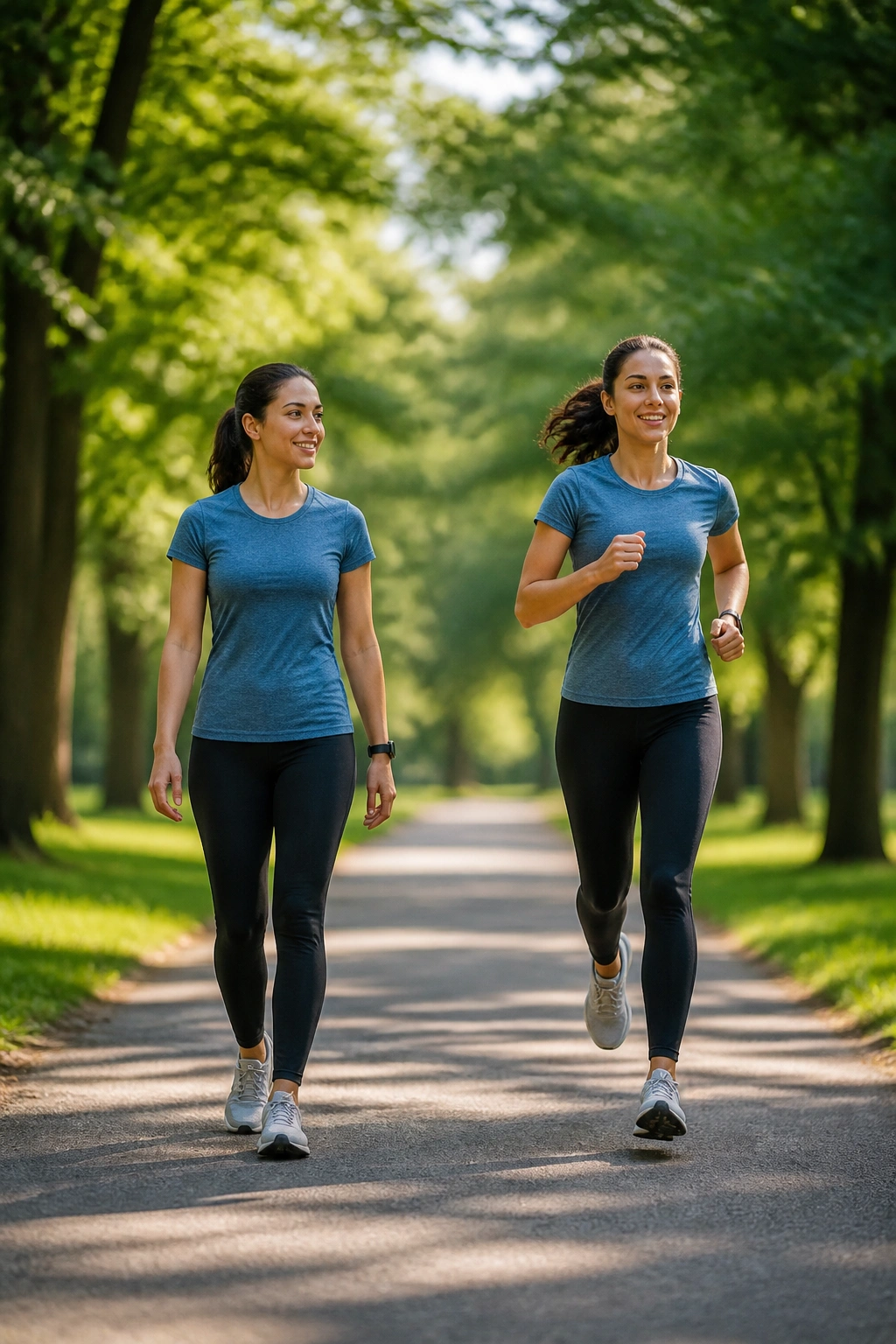 Person walking and light jogging on park path as part of walk-jog pyramid