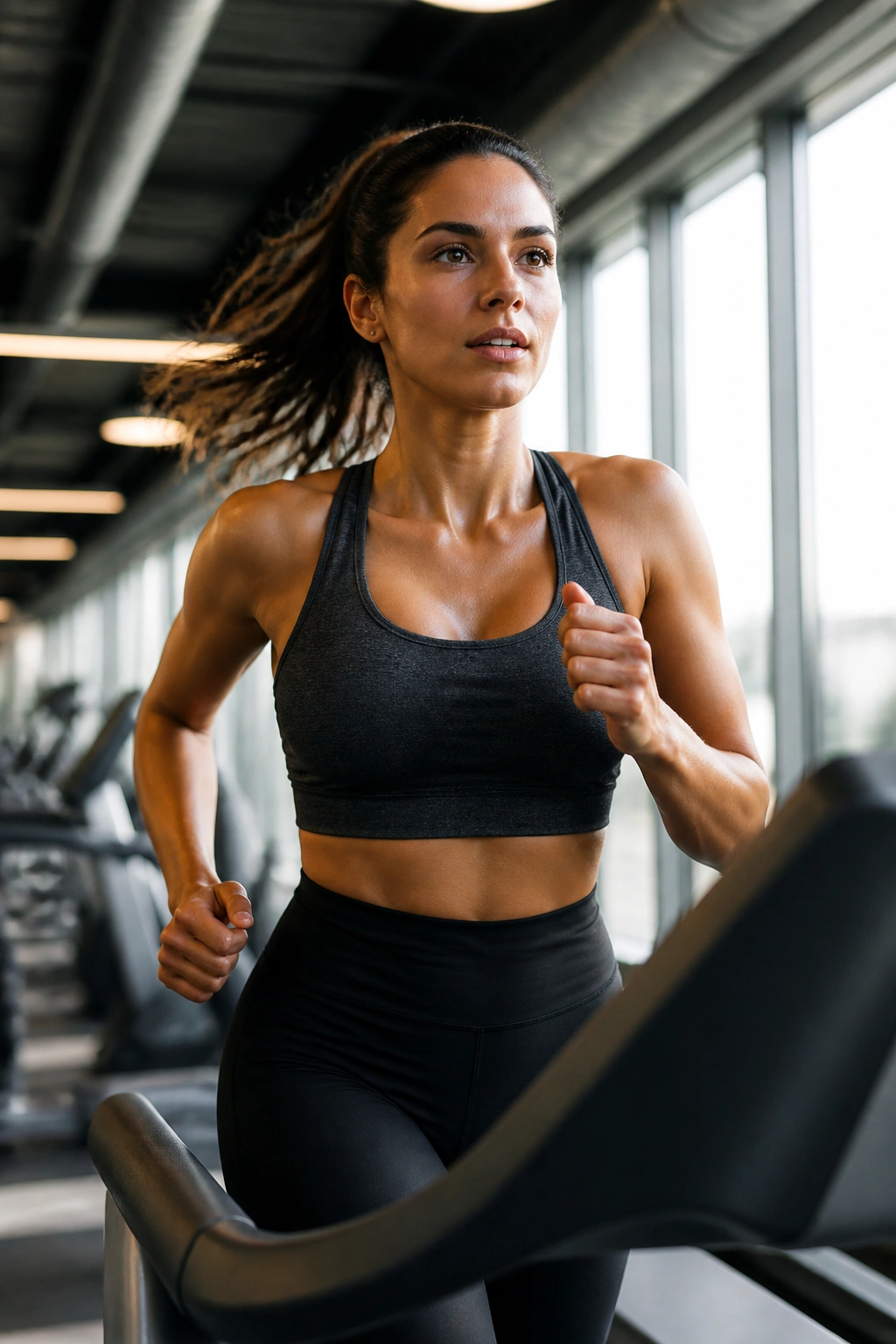 Person on treadmill transitioning through walk, jog, and run