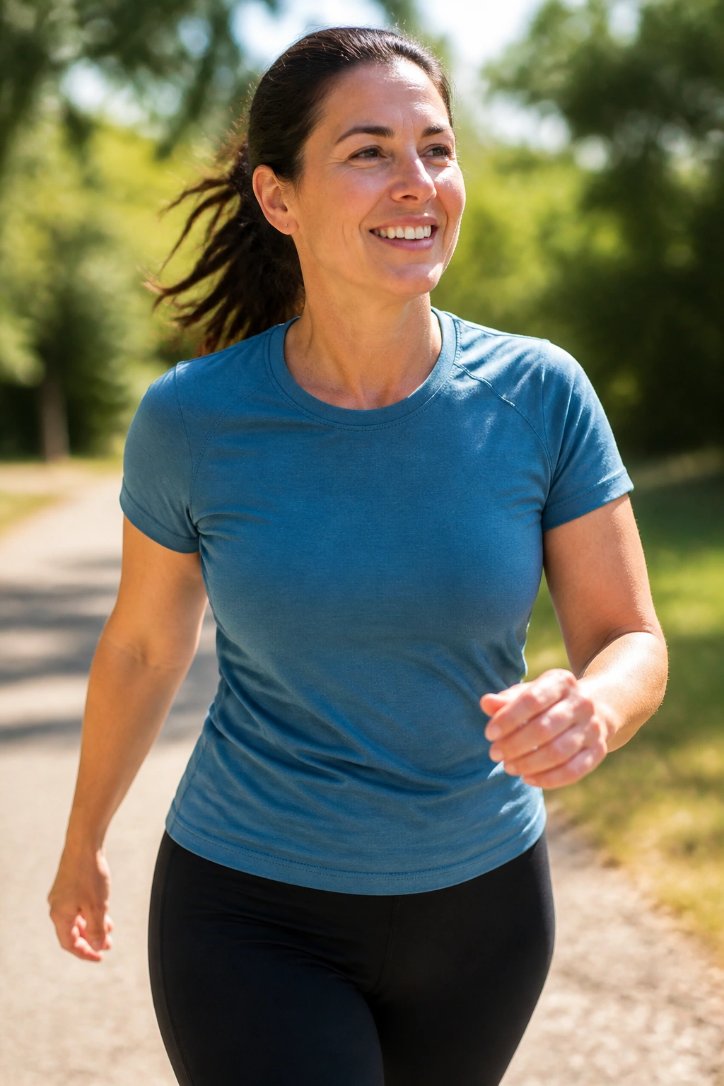 Close-up of a person walking briskly in a sunlit park