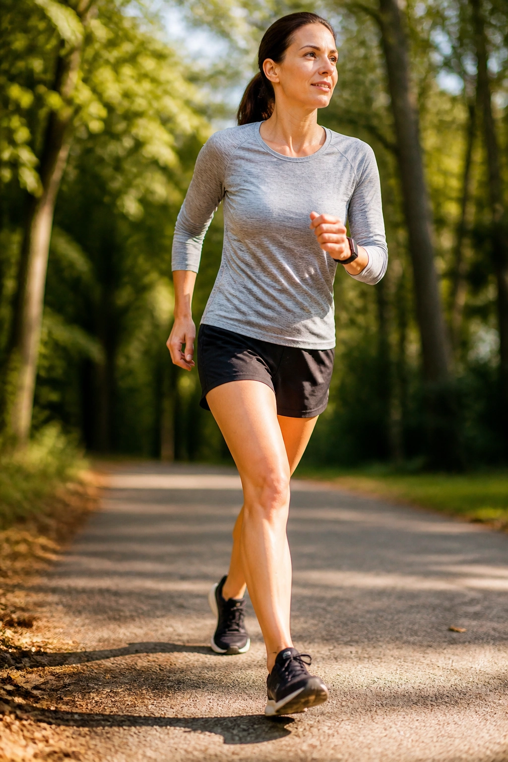 Medium close-up of a real runner transitioning from walk to run on a park path