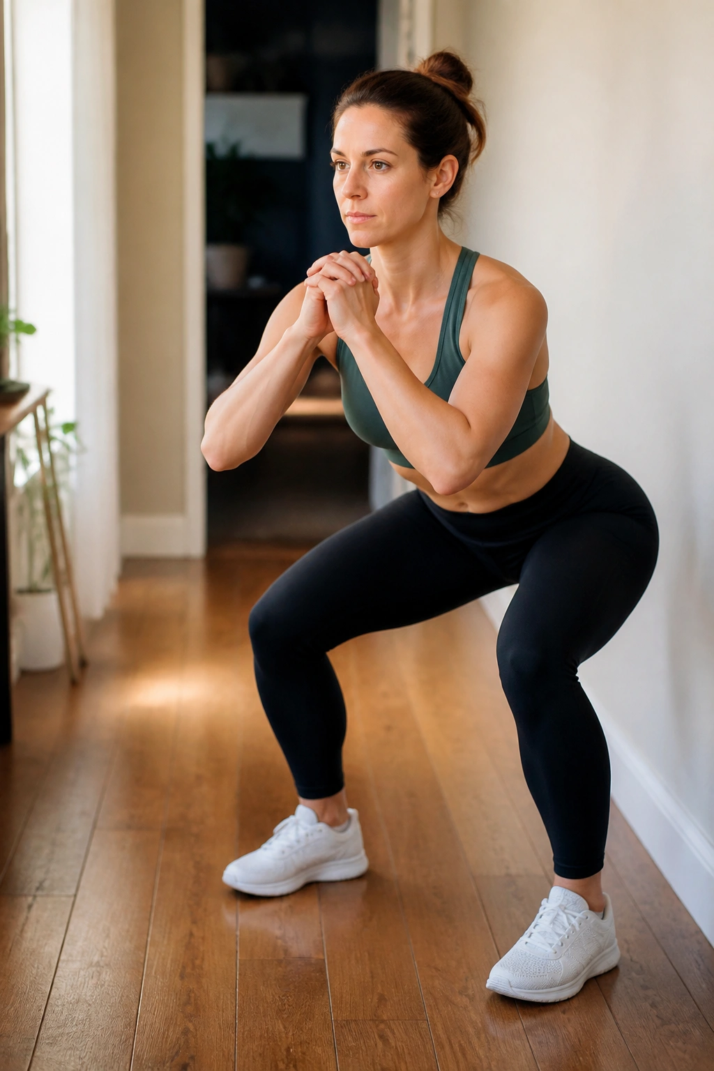 Real person performing a squat during a walk in a sunlit home hallway