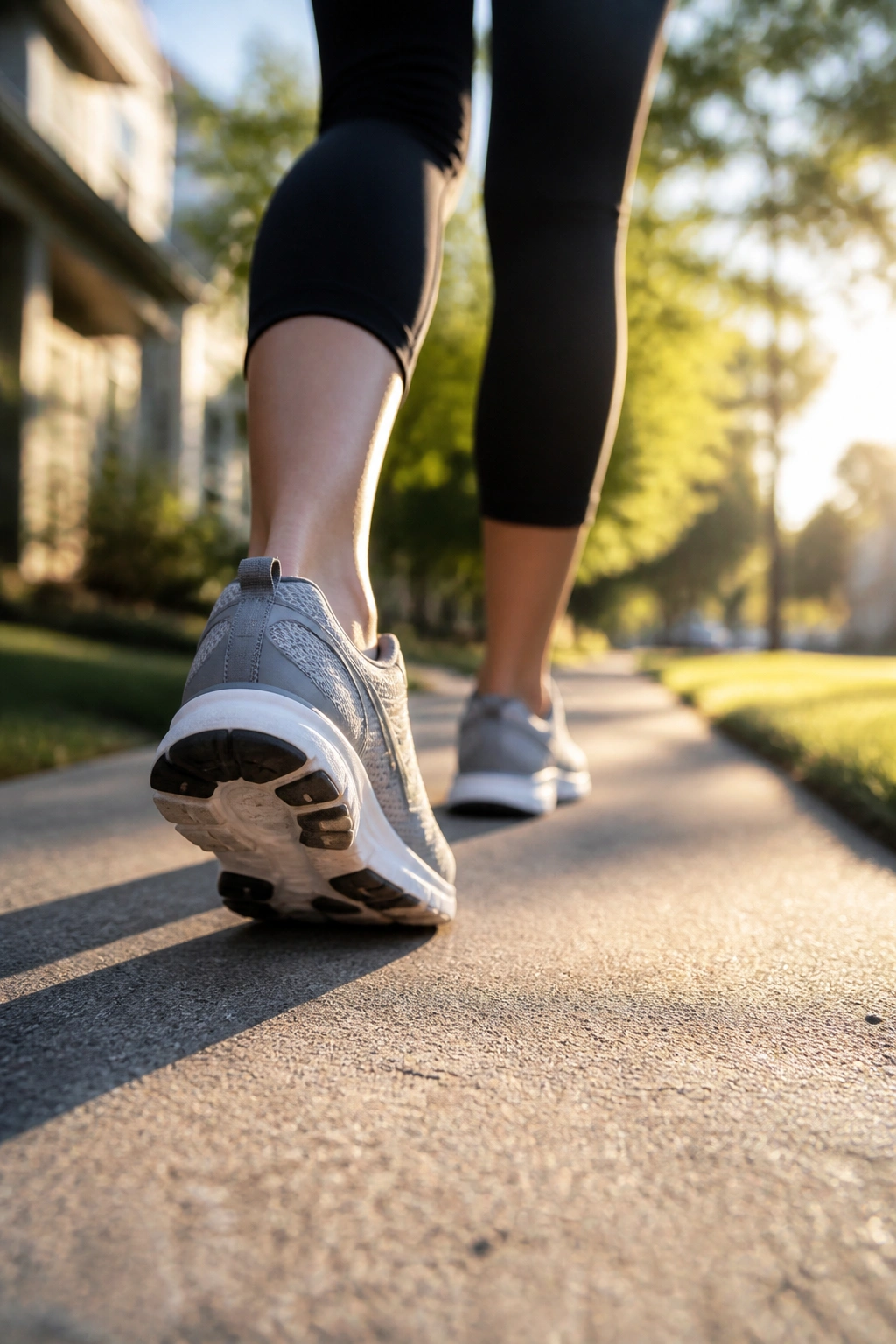 Close-up of a person walking on a sunlit sidewalk