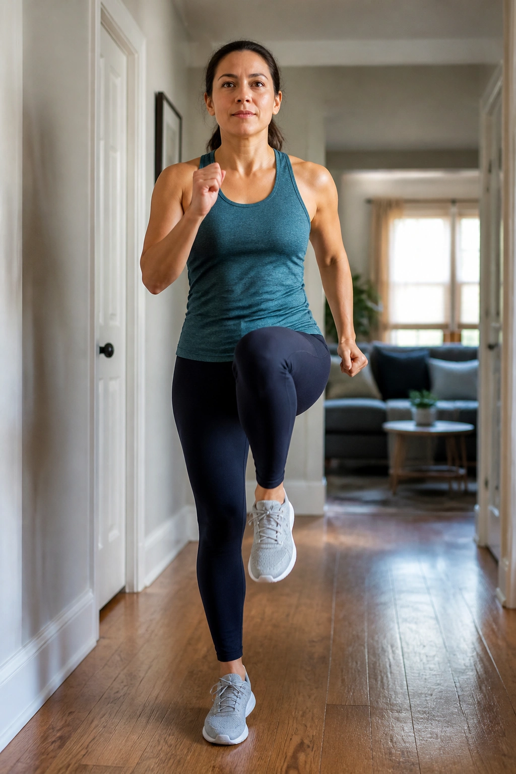 Medium close-up of a person walking in place in a hallway during a home workout