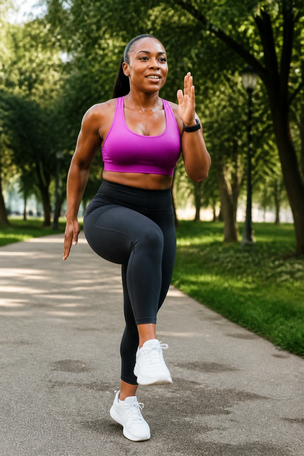 Growwithjo performing walking-based HIIT in park