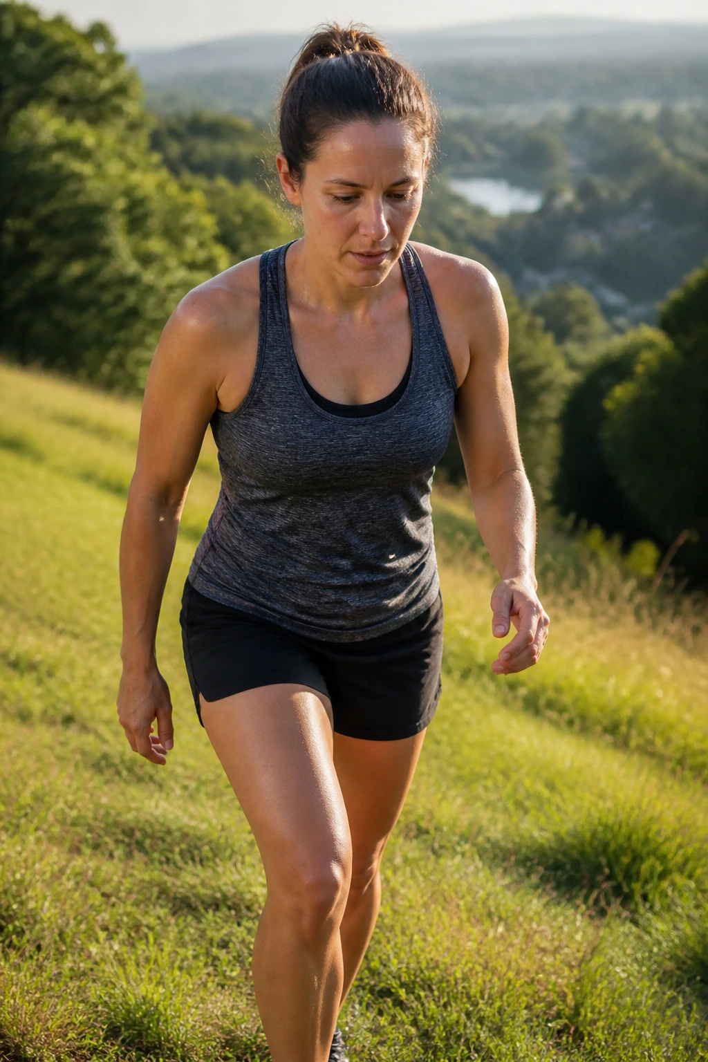 Close-up mid-frame of a person walking uphill on a grassy hill at sunrise