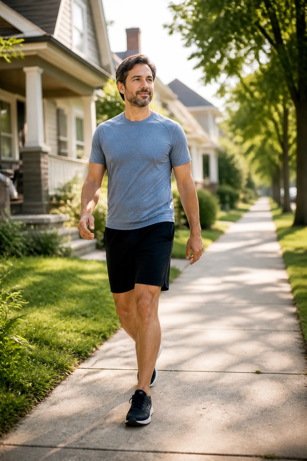 Real person walking mid-stride on a sunlit residential sidewalk for back health walking intervals