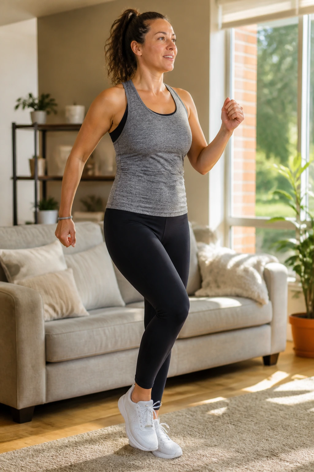 Person walking in place in a sunlit living room, mid-stride on a rug for follow-along intervals.