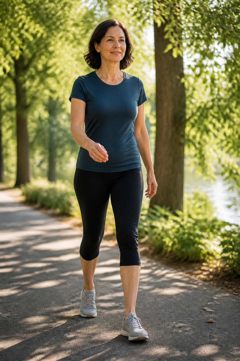 Real person walking with short controlled steps in a sunlit park for symptom-safe intervals