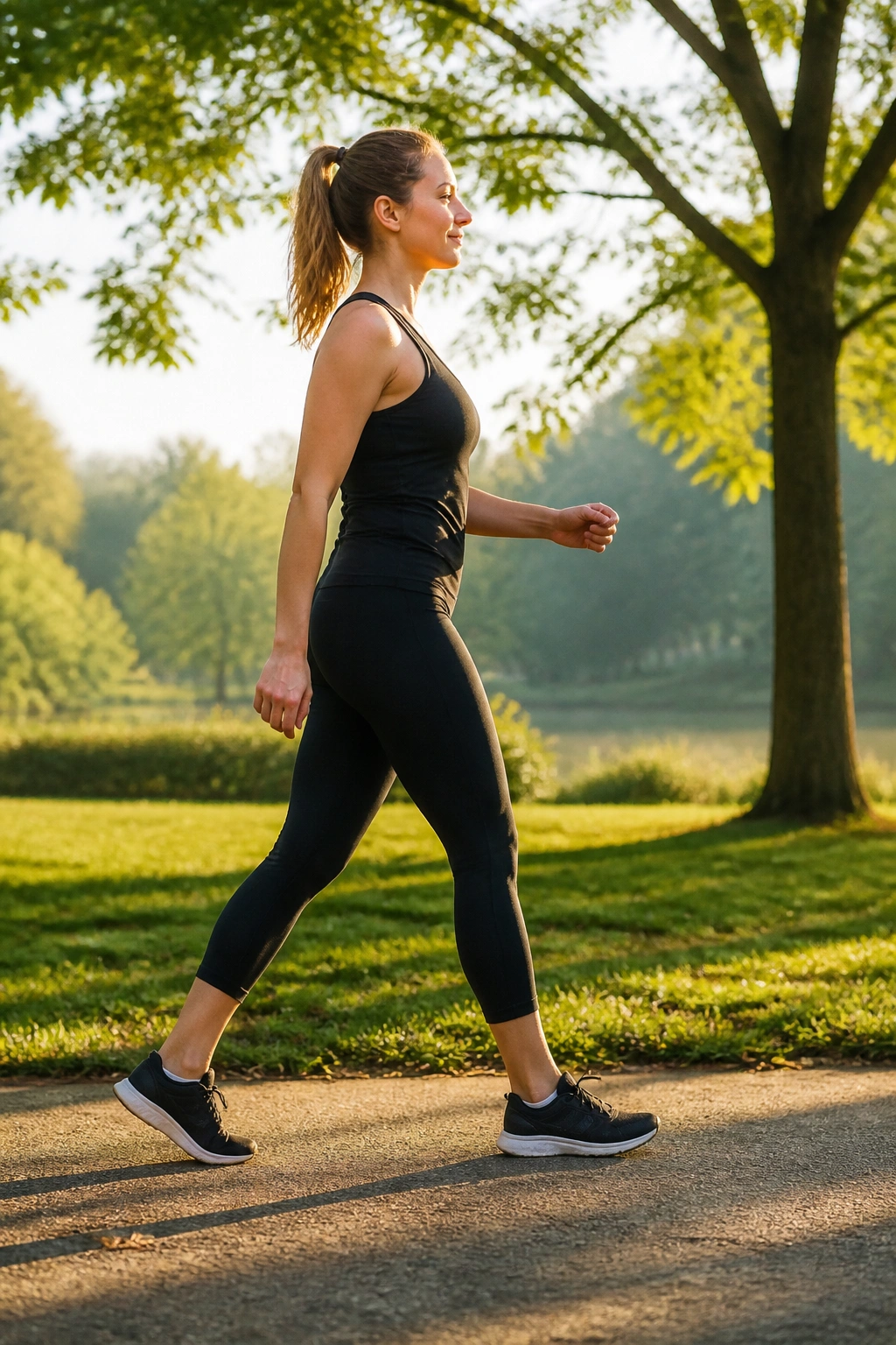Real person walking in a sunlit park during a walking intervals workout