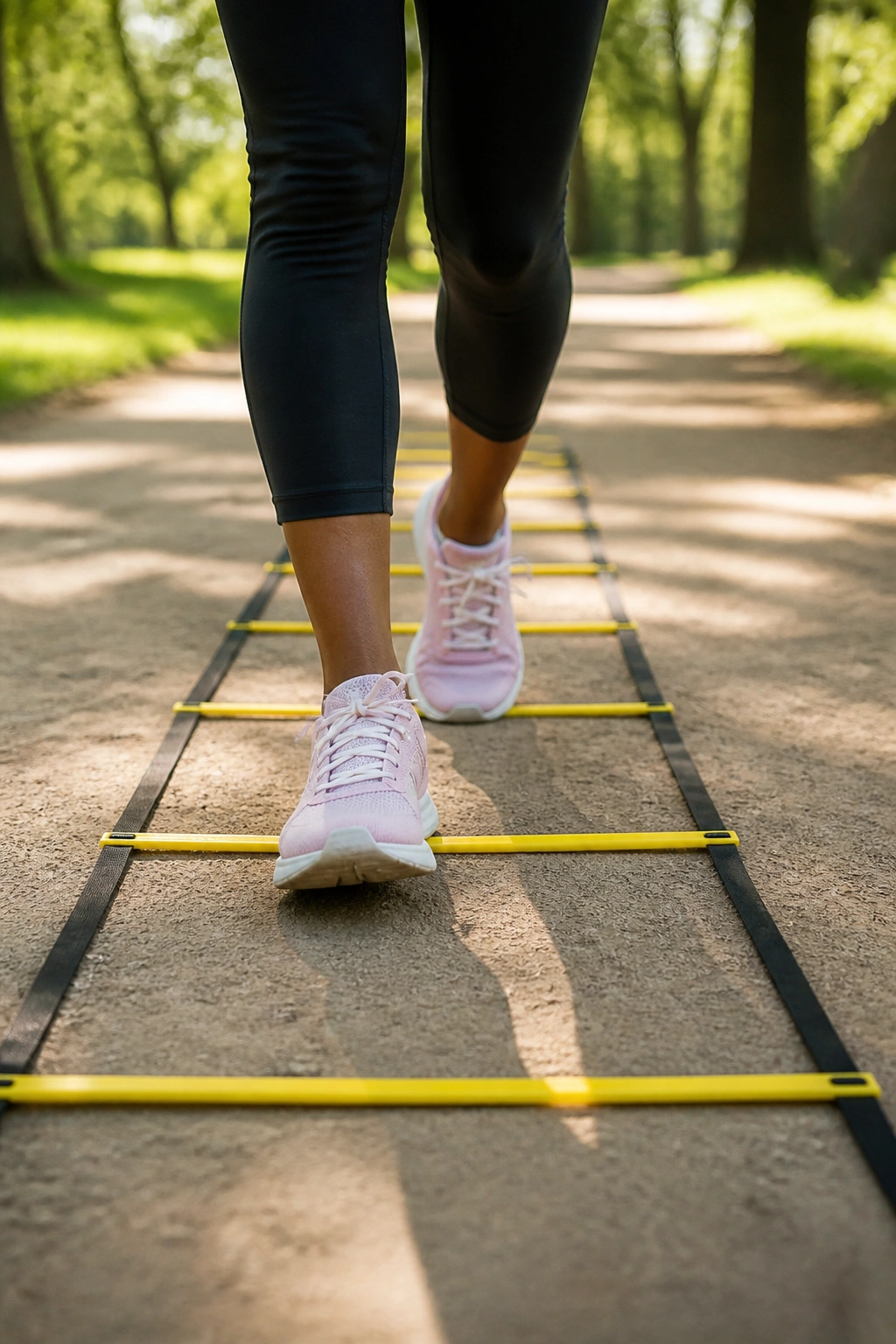 Close-up of a real person’s feet stepping on a ladder outdoors, representing Walking Ladder Challenge
