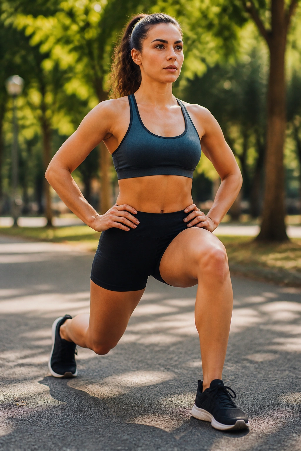 Medium-close portrait of a person in midstride performing walking lunges outdoors.