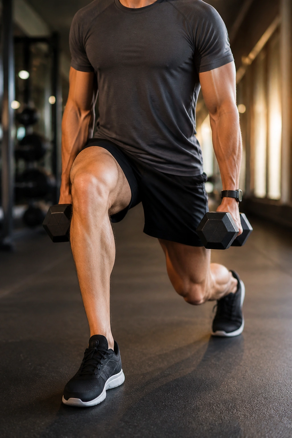 Front leg in walking lunge showing calf engagement.
