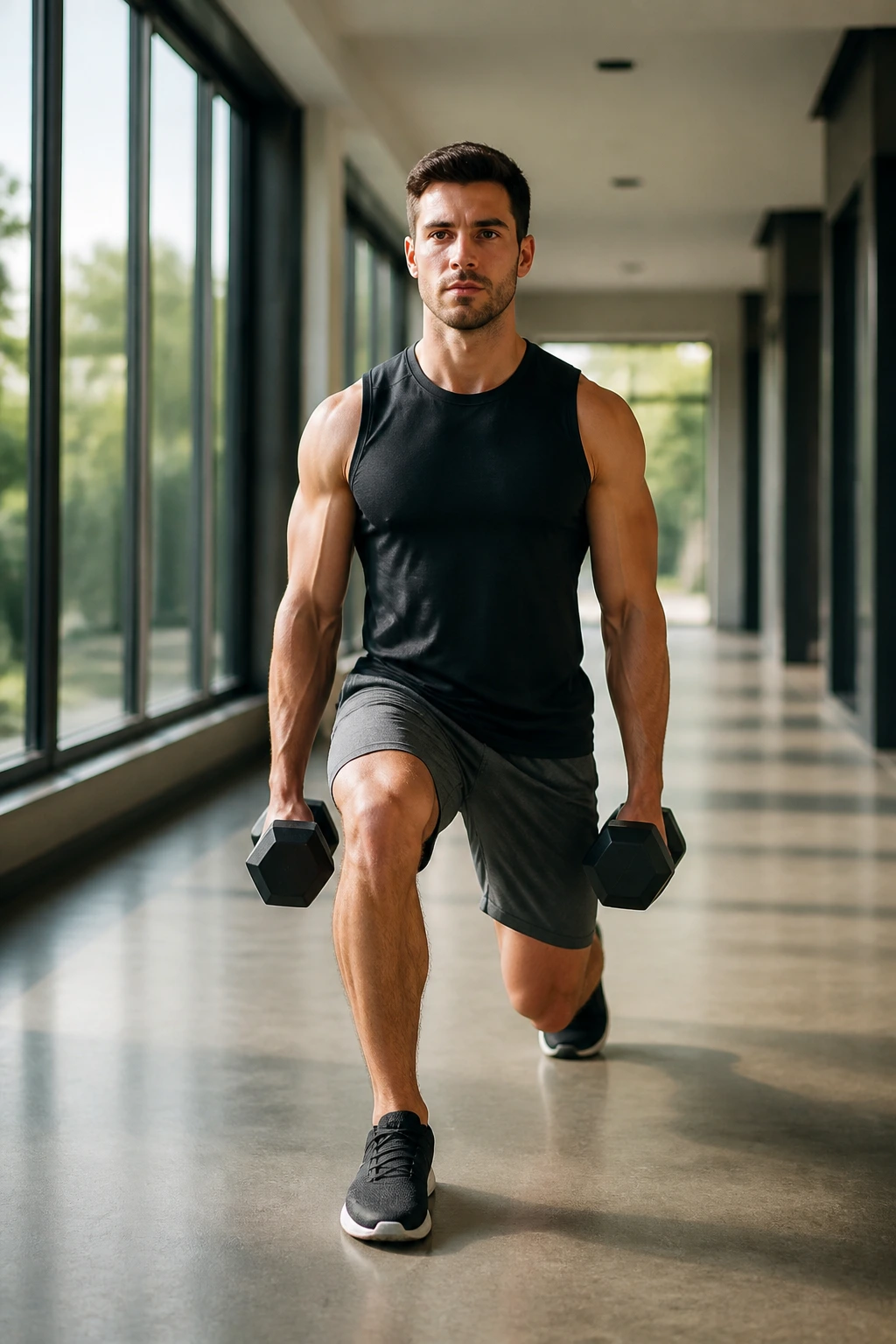 Mid-shot of a person performing a walking lunge in a bright gym hallway.