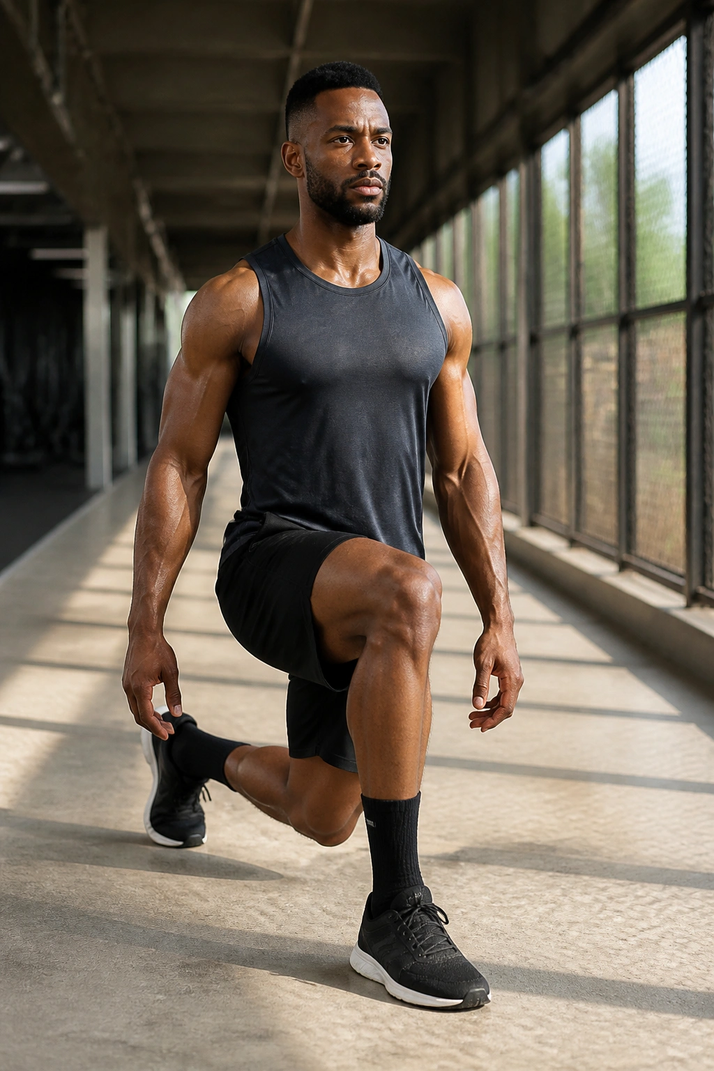 Full-body mid-stride walking lunge in gym corridor
