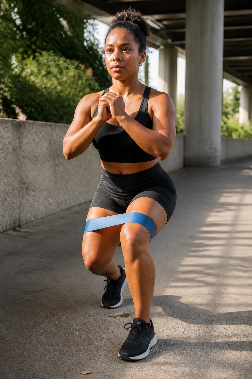 Person performing walking lunges with resistance band