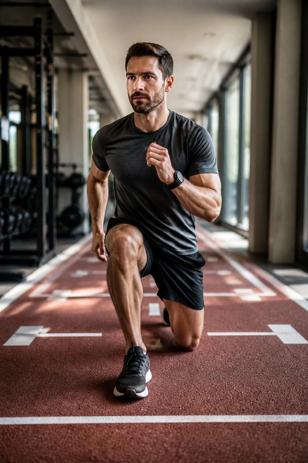 Close-up of a runner performing a walking lunge with knee alignment
