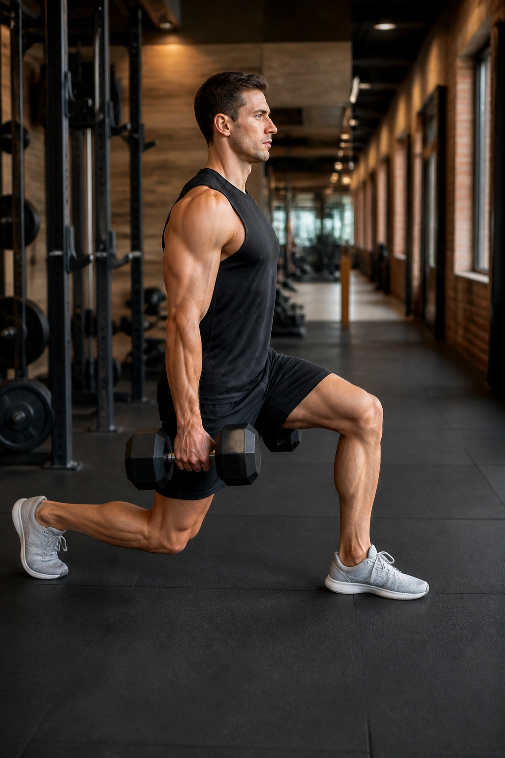 Athlete performing dumbbell walking lunges in a gym corridor; mid-stride with dumbbells at sides.