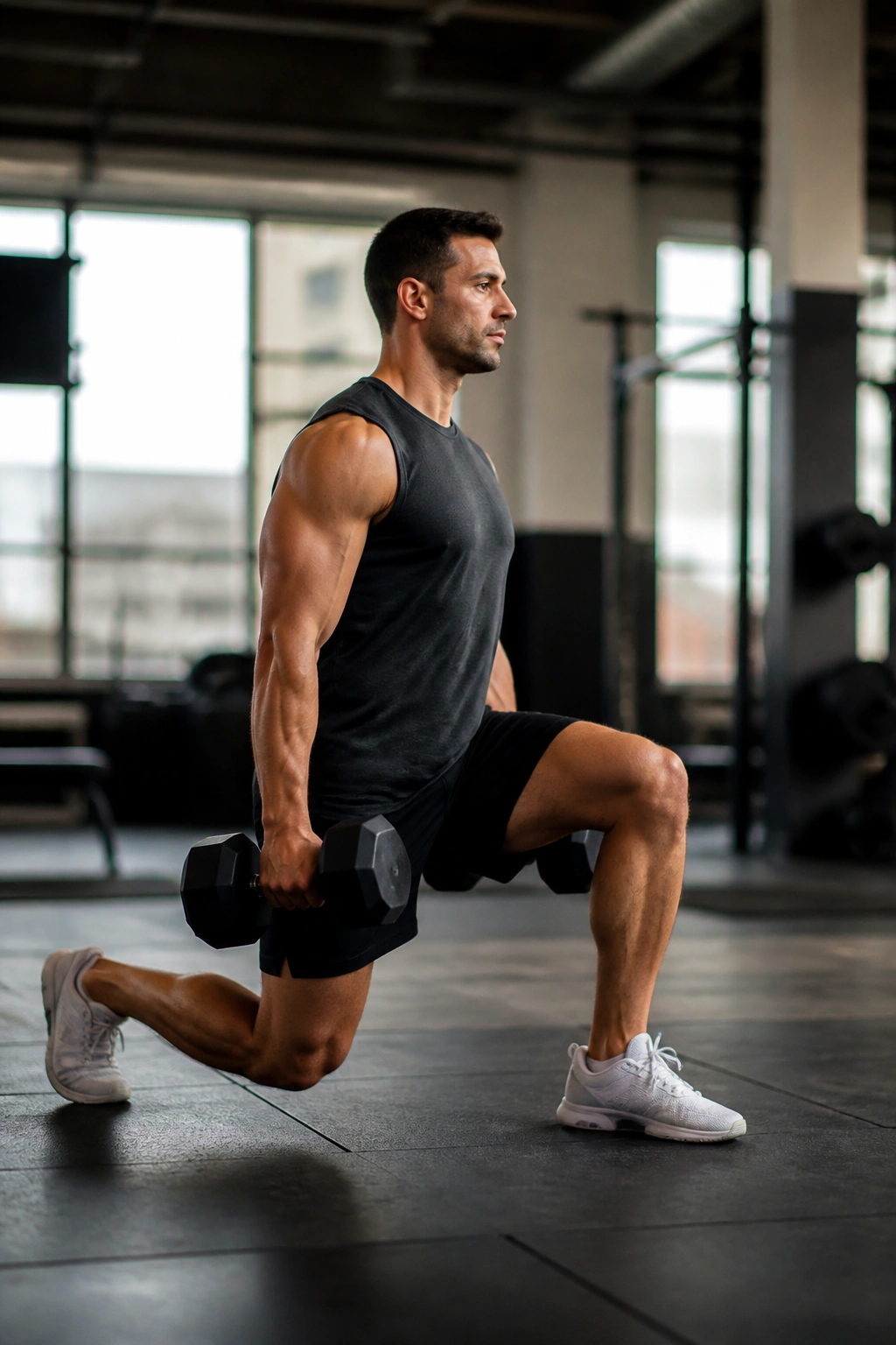 Mid-stride walking lunge with dumbbells in a gym