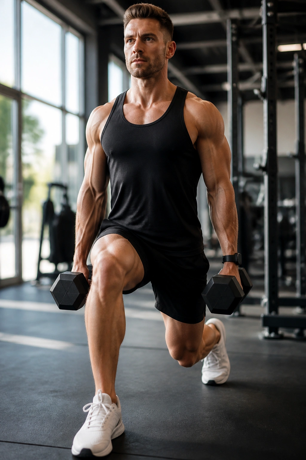 Mid-stride walking lunge with dumbbells in a gym
