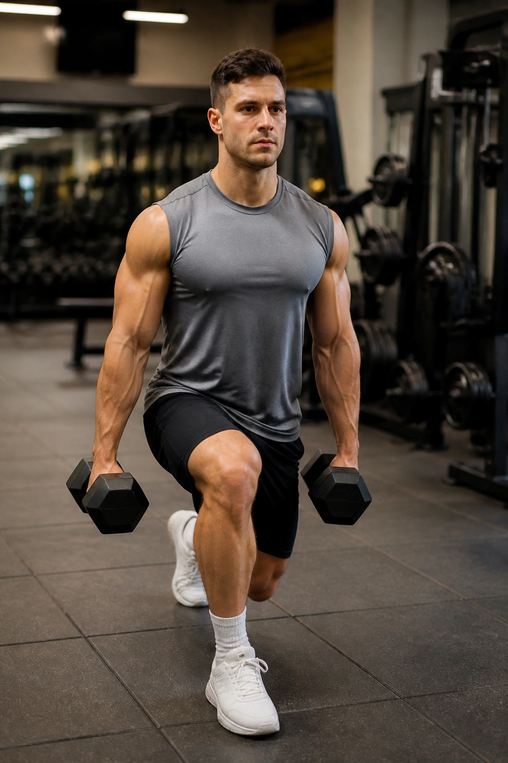 Medium shot of a person performing walking lunges with dumbbells in a gym corridor.