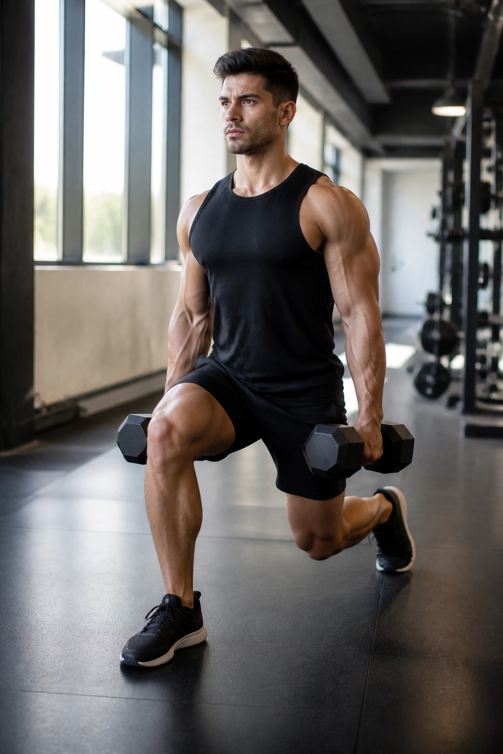 Mid-torso action shot of a person performing walking lunges with dumbbells in a gym.
