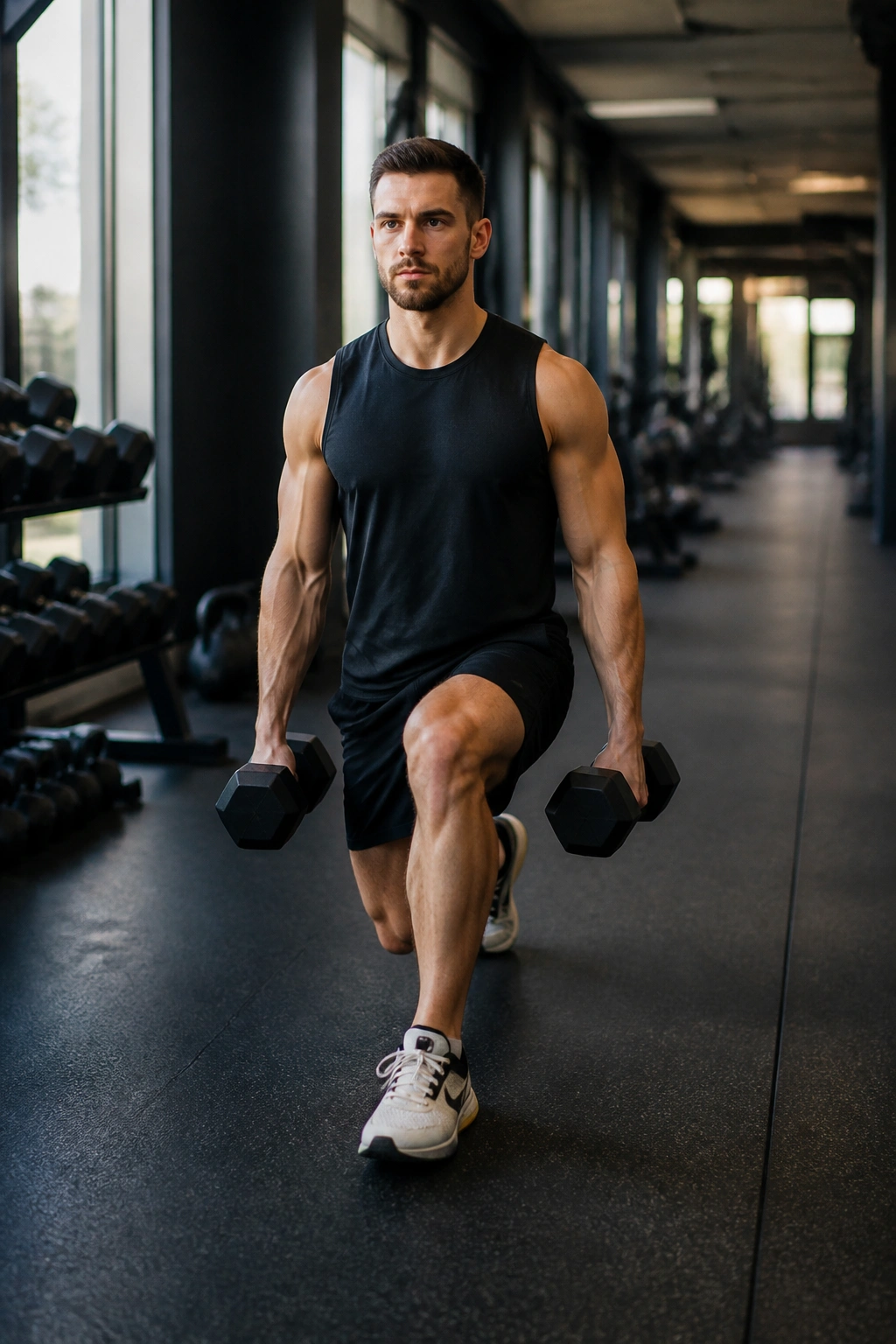 Real person performing walking lunges in a gym corridor