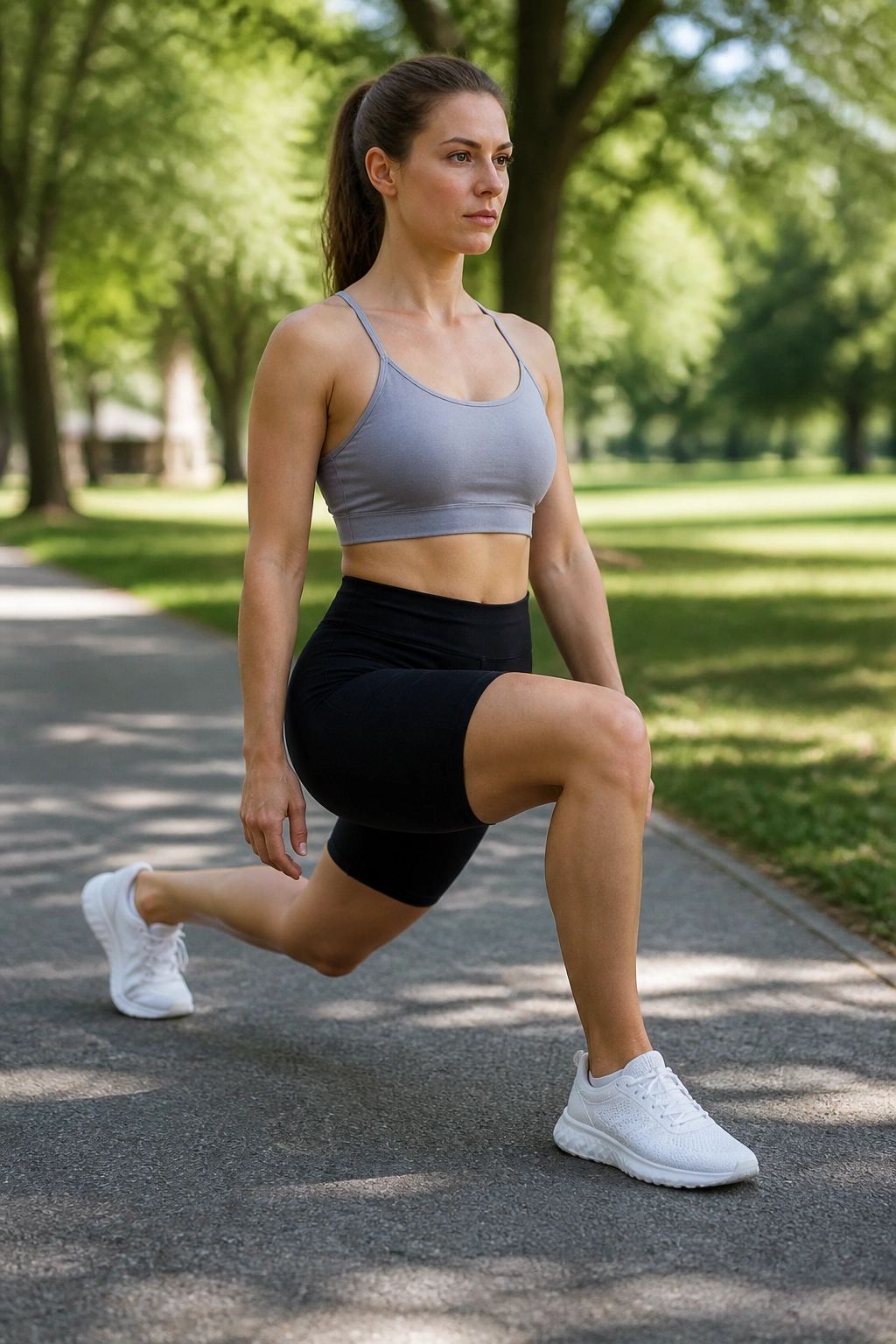 Medium close-up of walking lunges showing front knee over ankle and hip hinge.