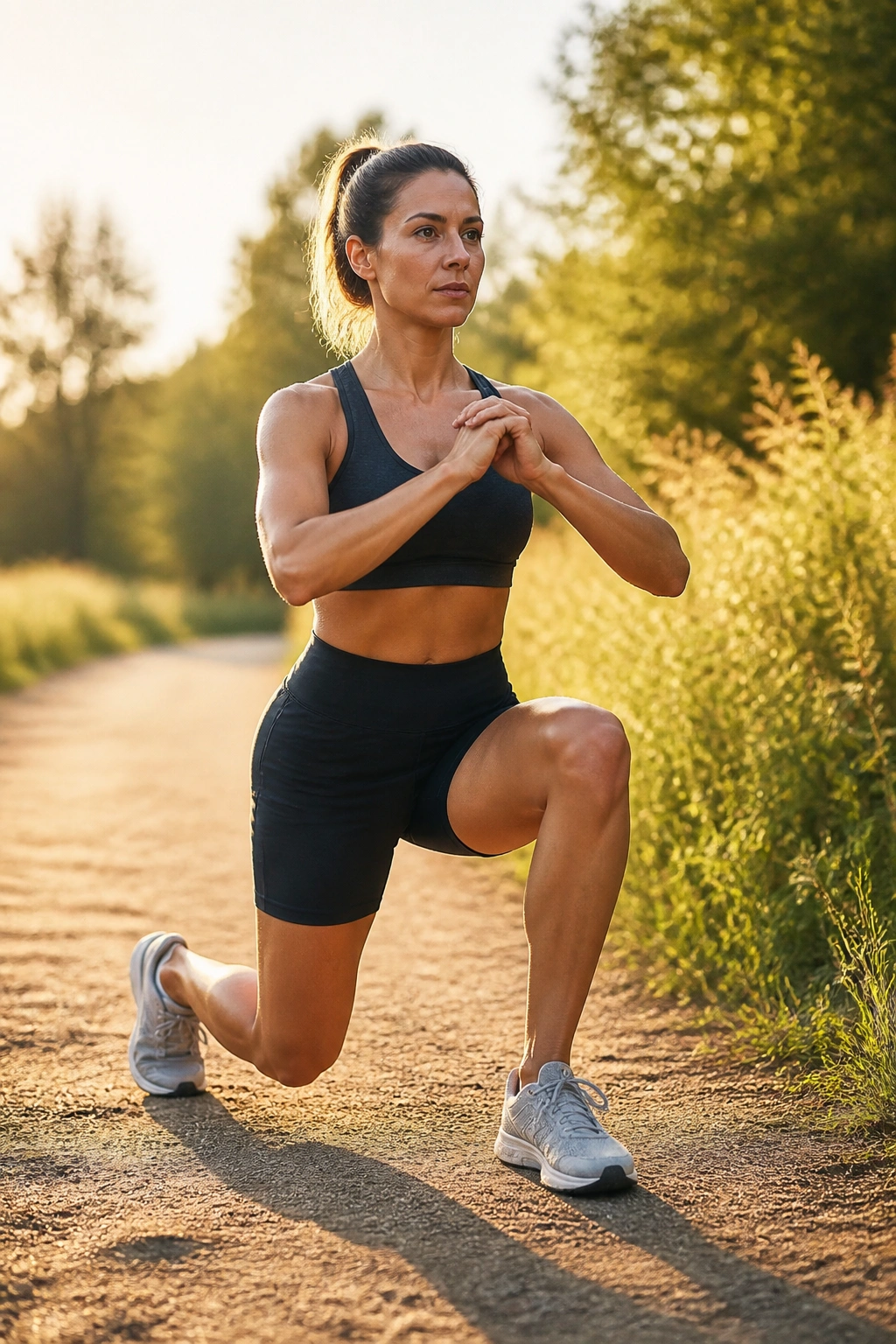 Person performing walking lunges on an outdoor path during golden hour.