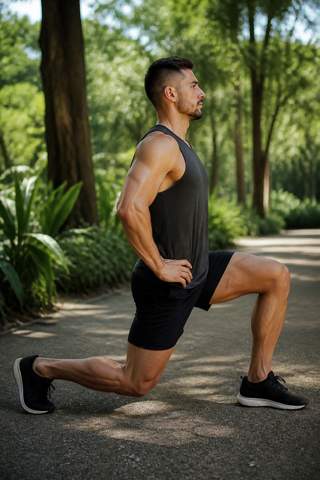 Side profile of person performing walking lunges in a park