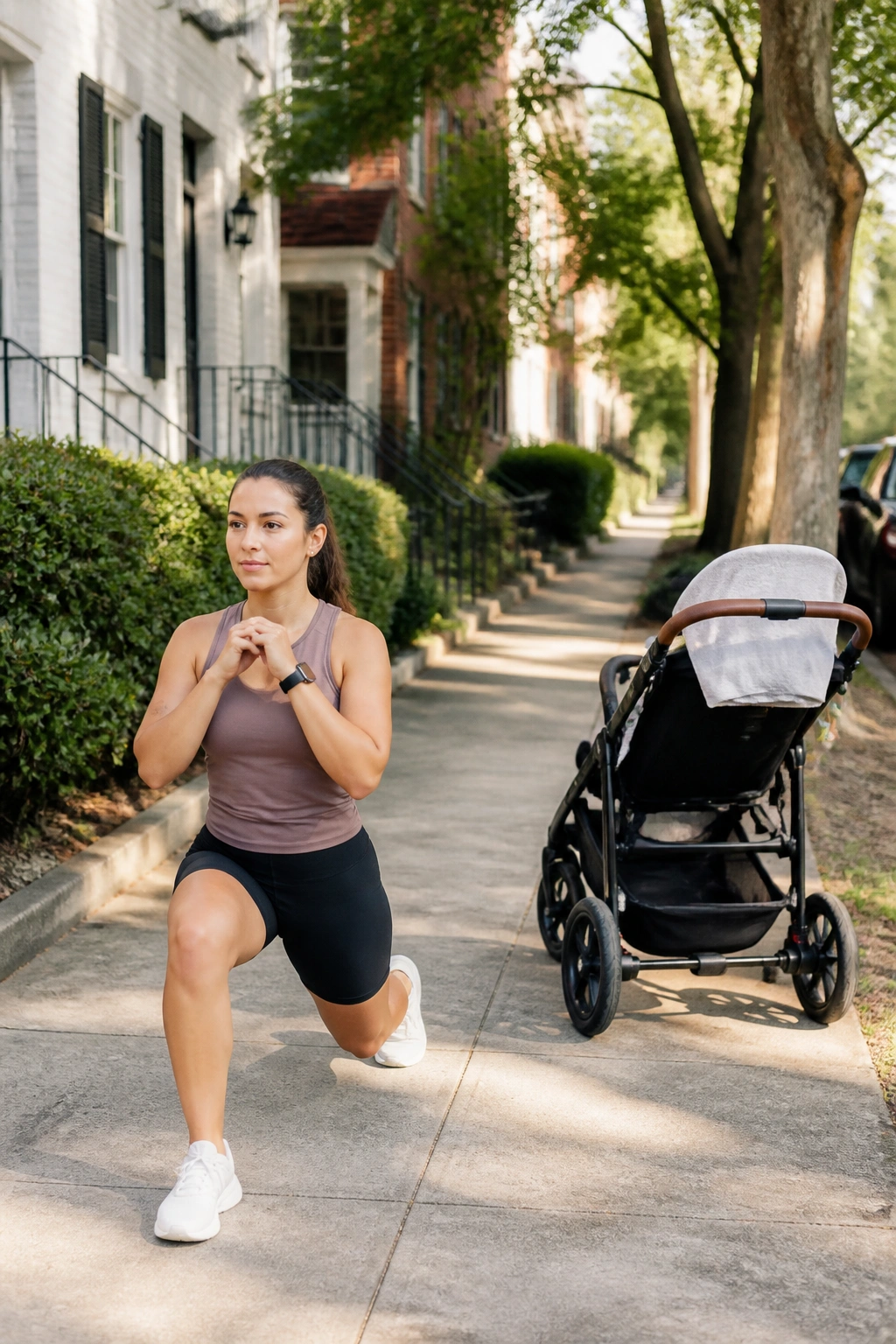 Real person performing walking lunges beside parked stroller on quiet sidewalk
