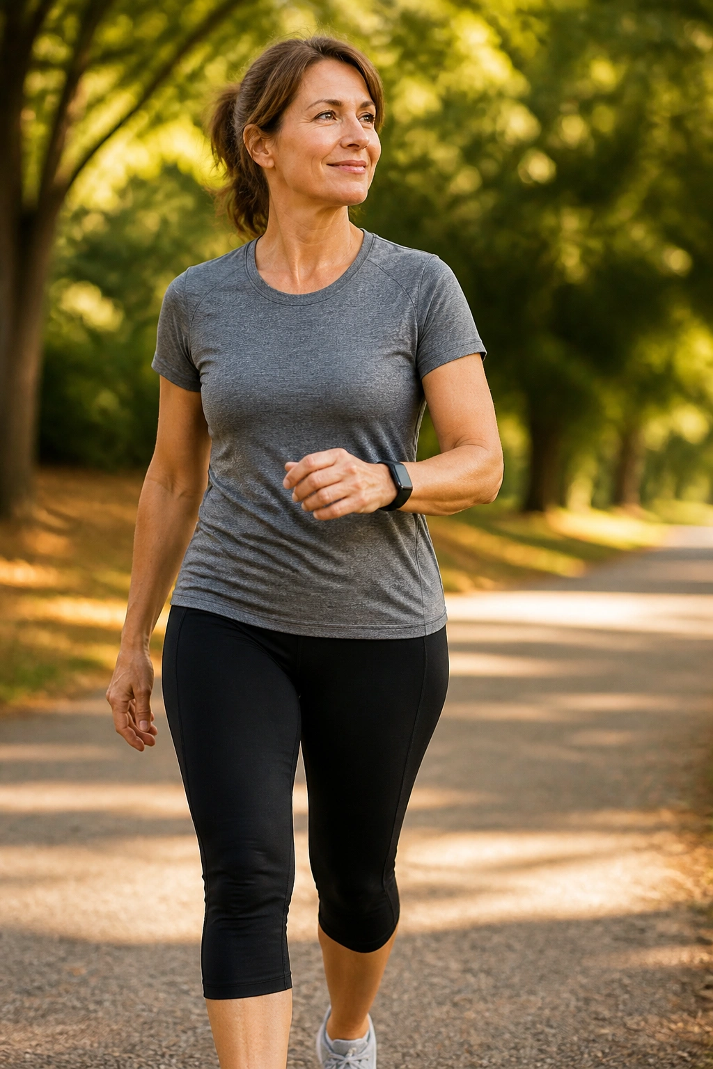 Person walking in a park with emphasis on mobility, golden hour outdoors.
