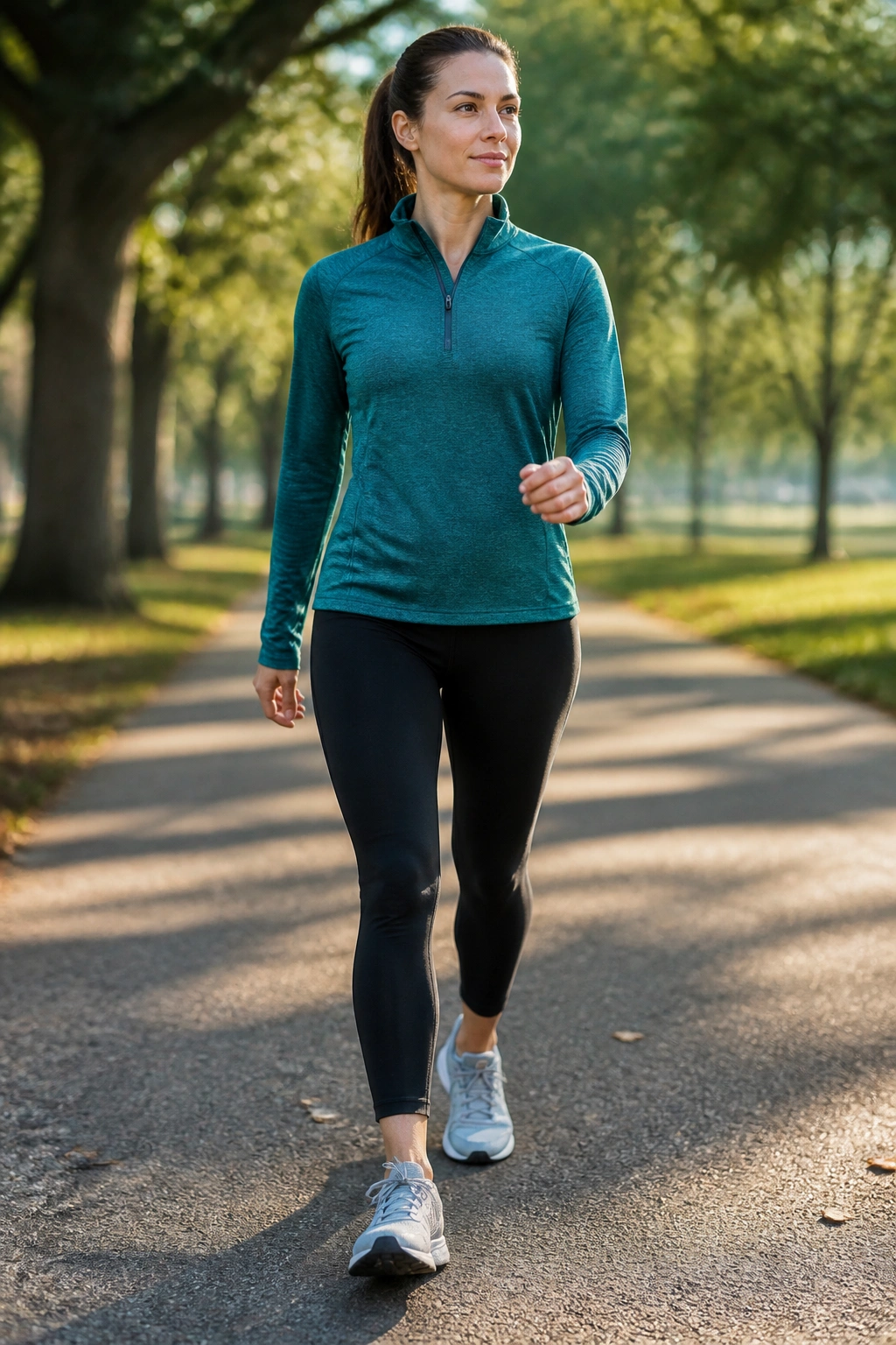Medium close-up of a person walking briskly in a park during morning light