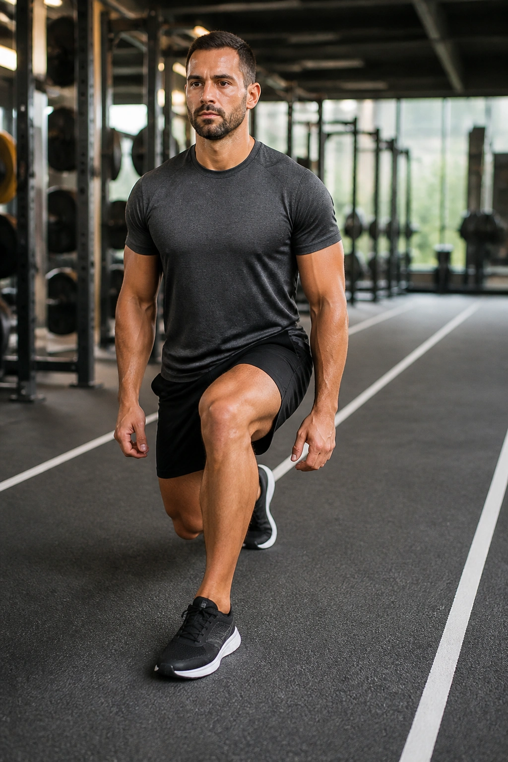 Real person walking reverse lunge mid-stride in gym